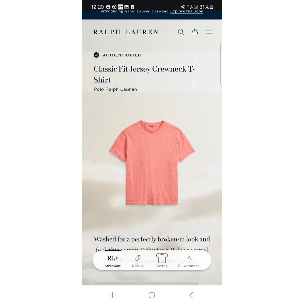 Polo Ralph Lauren Shirt Men Large Classic Fit‎ Jersey Soft Cotton Tee Peach NEW